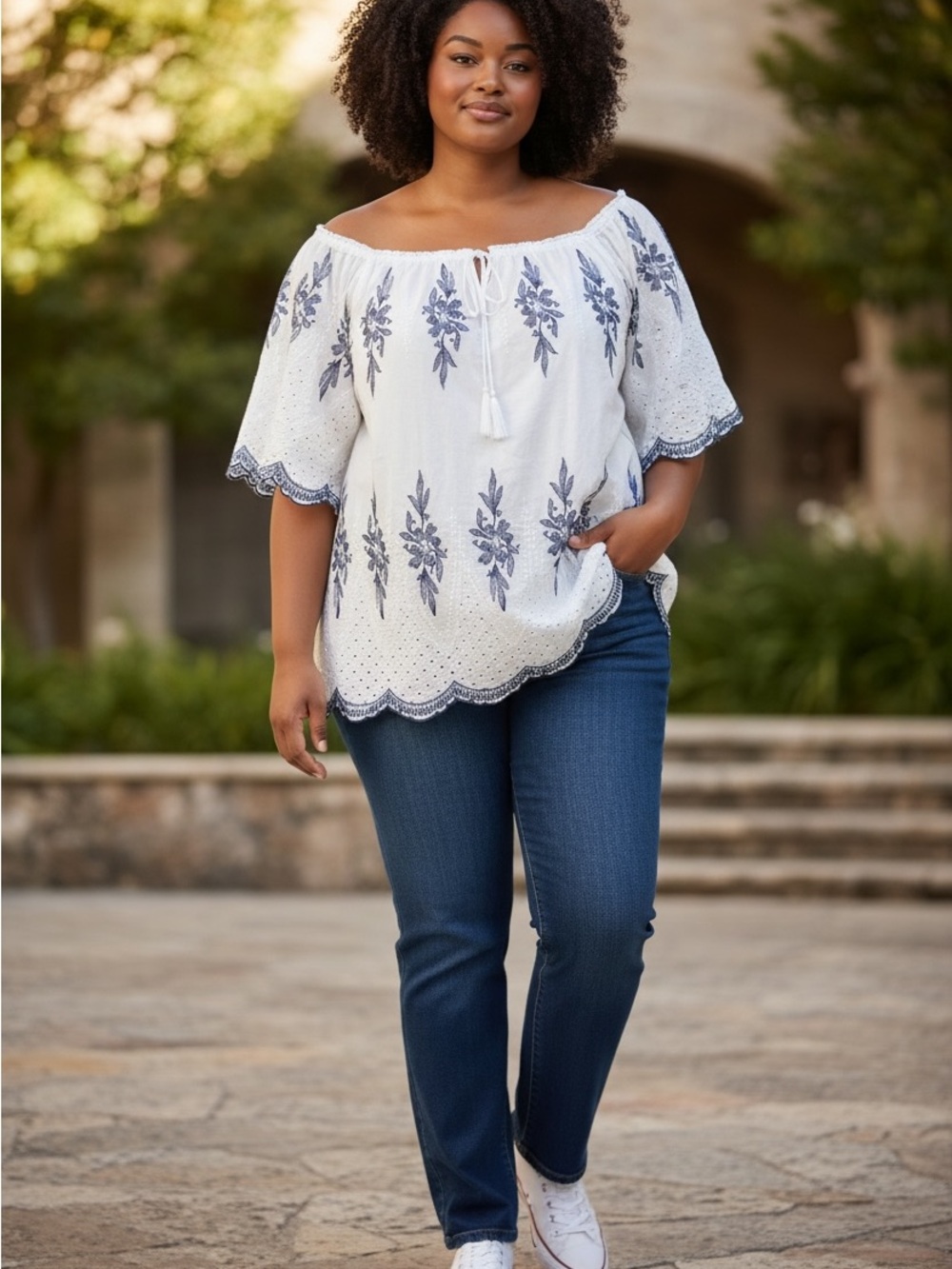Coastal Bohemian White Off The Shoulder Kindred Embroidered Eyelet Blouse 2X